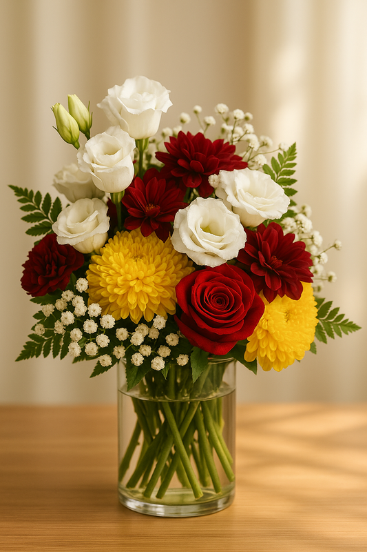 White Rose, Red Daisy & Yellow Chrysanthemum Bouquet