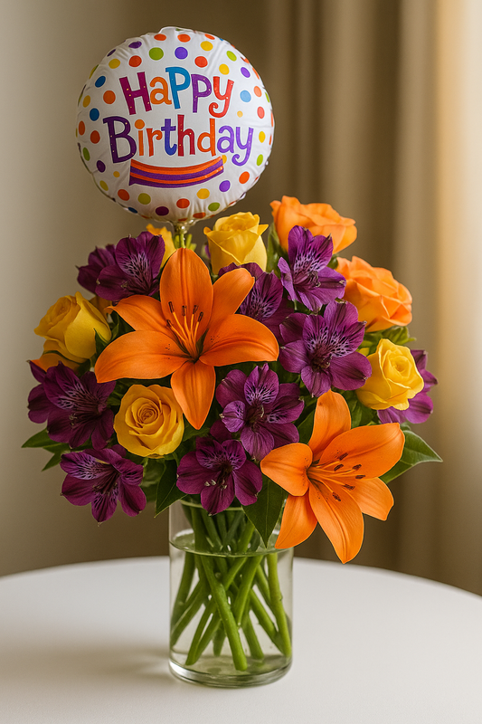 Birthday Lily & Rose Bouquet with Balloon