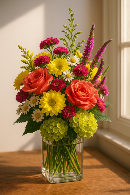 Bright Mixed Flower Bouquet with Orange Roses