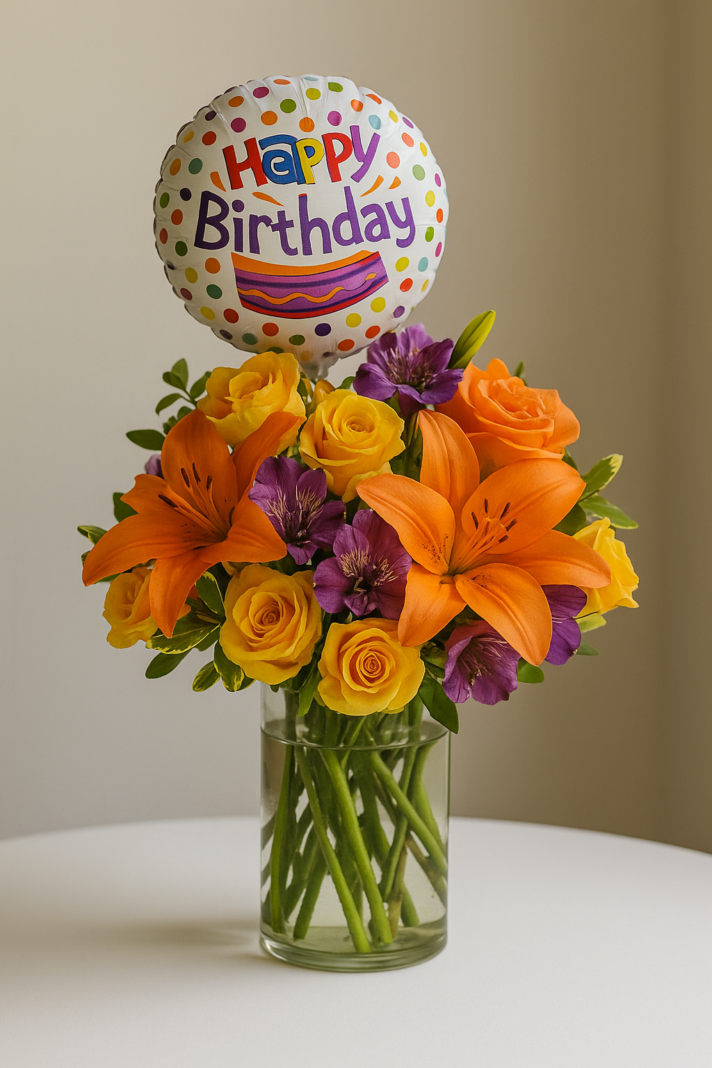 Birthday Lily & Rose Bouquet with Balloon – Same-Day Delivery & Free Shipping