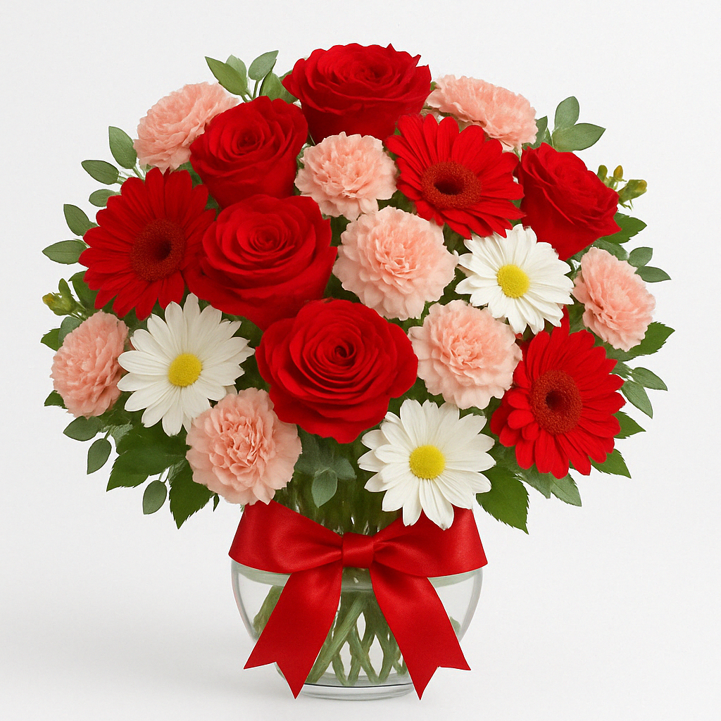 Red Rose, Carnations & White Daisies Mixed Flower Bouquet