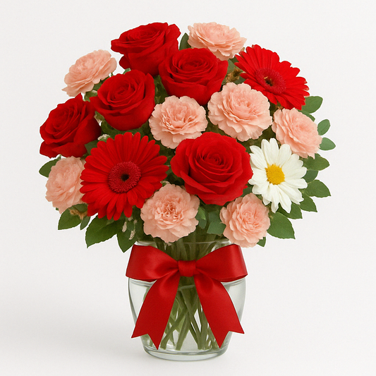Red Rose, Carnations & White Daisies Mixed Flower Bouquet