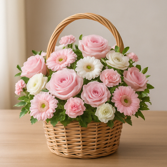 Pink Rose & Daisy Basket Arrangement