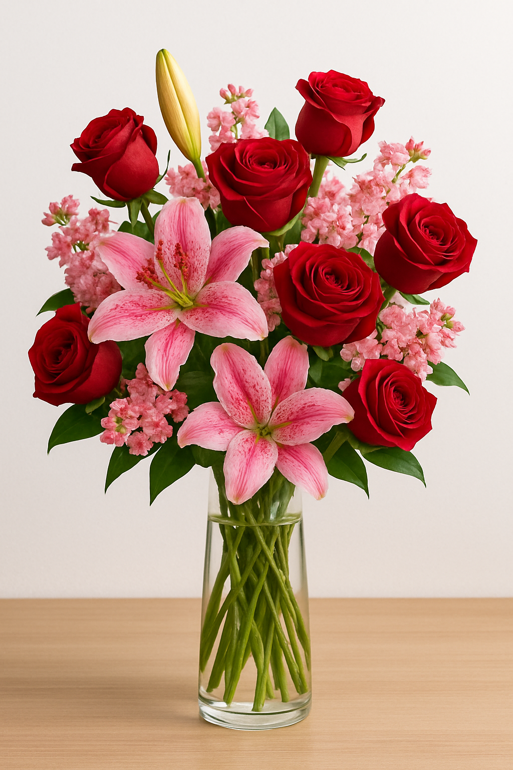 Red Rose & Pink Lily Flower Bouquet