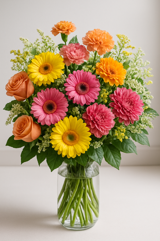 Bright Gerbera Daisy & Zinnia Flower Bouquet