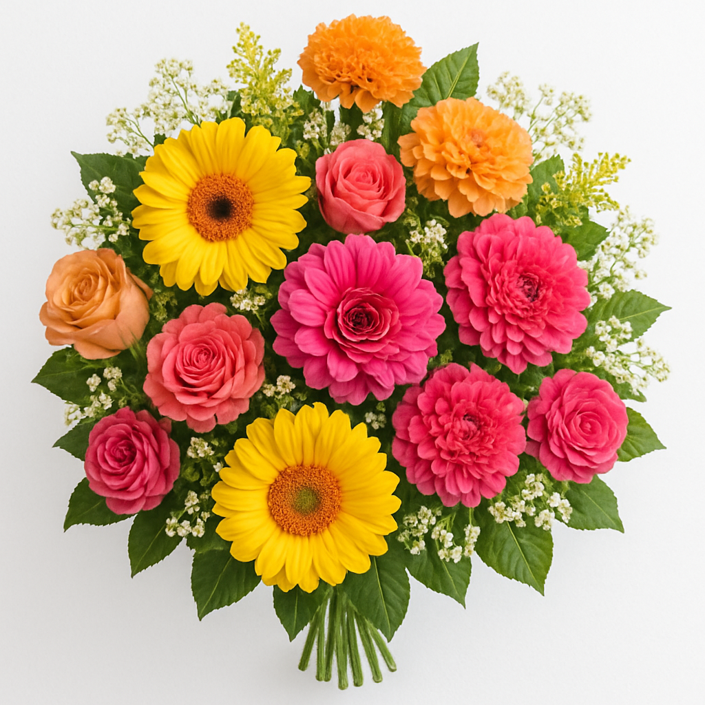 Bright Gerbera Daisy & Zinnia Flower Bouquet