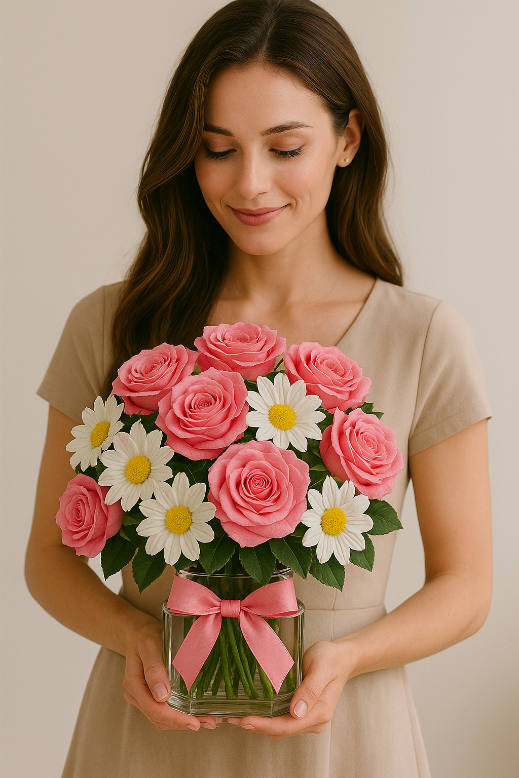 Sweet Pink Rose and White Daisy Bouquet