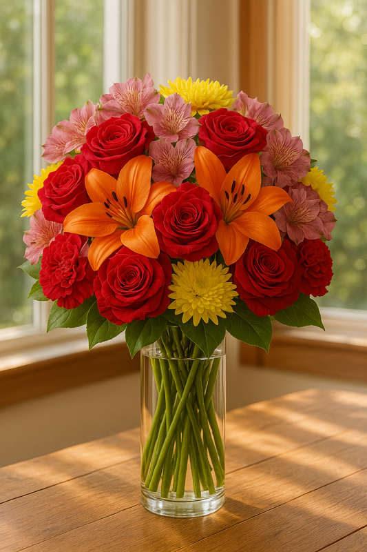 Vibrant Mixed Flower Bouquet with Roses, Carnations & Lilies