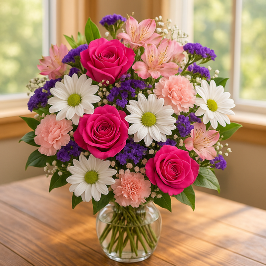 Pink Rose, White Daisy & Carnation Flower Bouquet