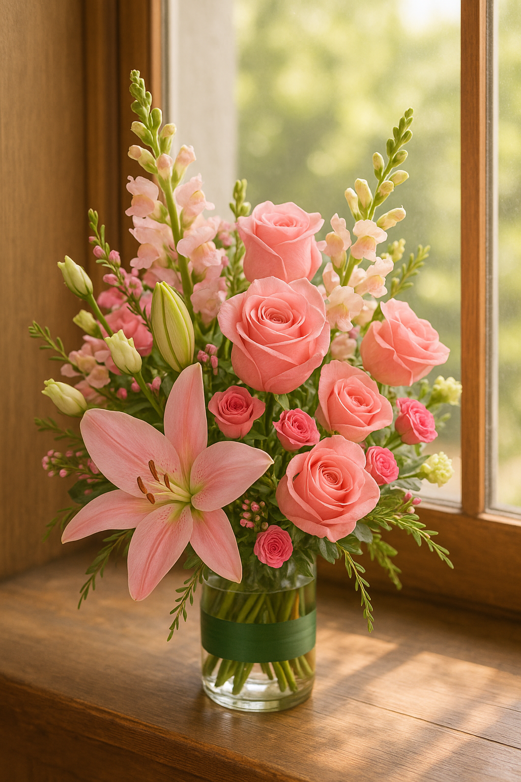 Pink Roses & Lily Flower Bouquet
