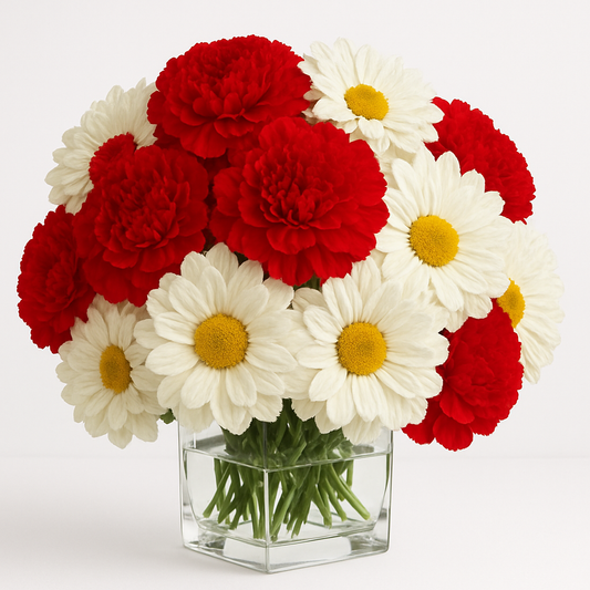 Red Carnation & White Daisy Flower Bouquet