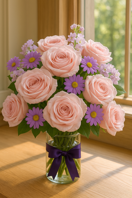 Beautiful Pink Roses & Purple Daisies with touch of Lavender
