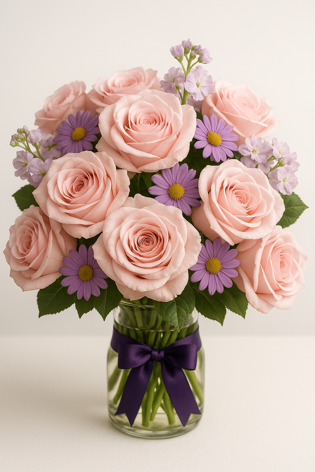 Beautiful Pink Roses & Purple Daisies with touch of Lavender