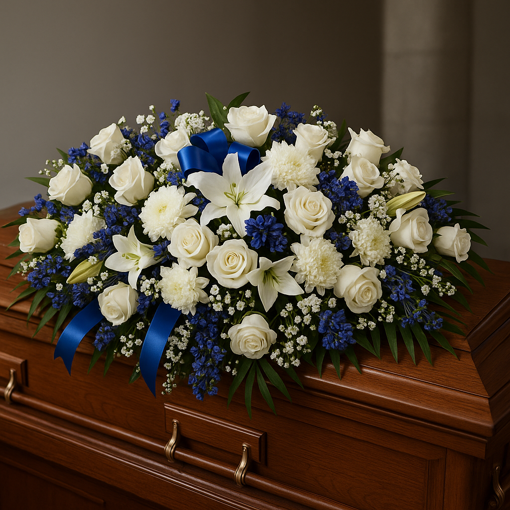 Blue & White Remembrance Casket Spray