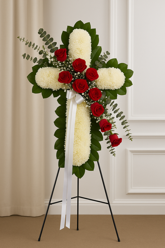 Red Rose & White Cross Standing Tribute