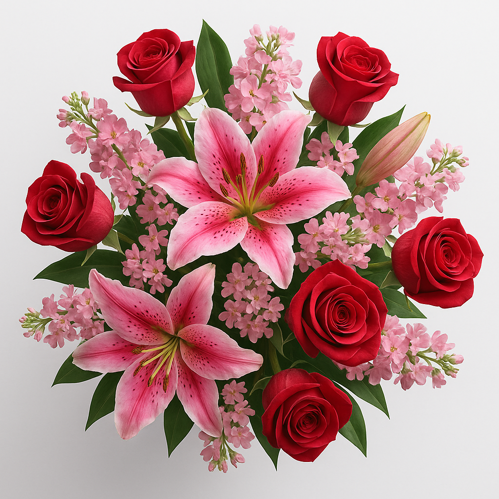 Red Rose & Pink Lily Flower Bouquet