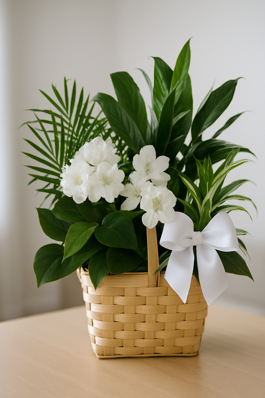 Elegant White Flower and Green Plant Basket