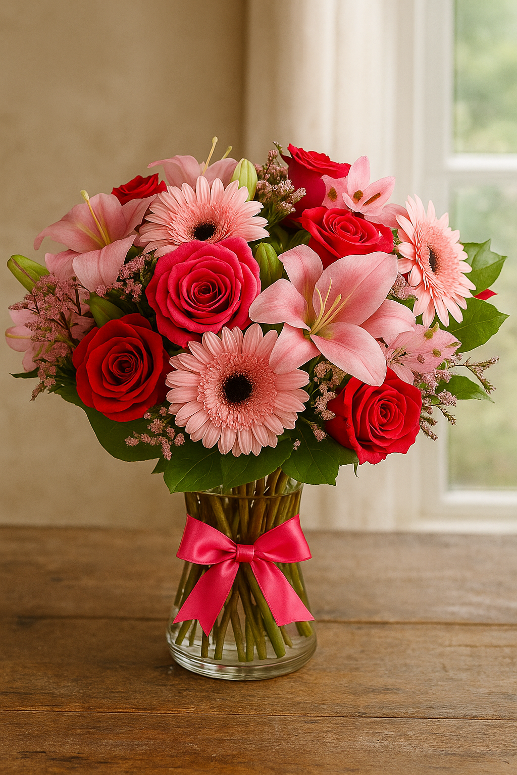 Pink and Red Flower Bouquet in Glass Vase Free Shipping & Same-Day Delivery