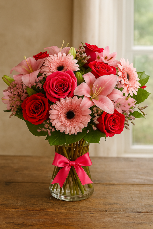Pink and Red Flower Bouquet in Glass Vase