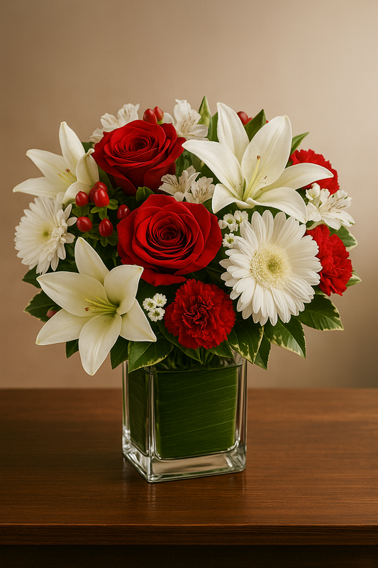Red Rose & White Lily Flower Bouquet