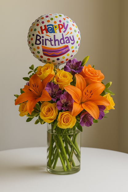 Birthday Lily & Rose Bouquet with Balloon – Same-Day Delivery & Free Shipping