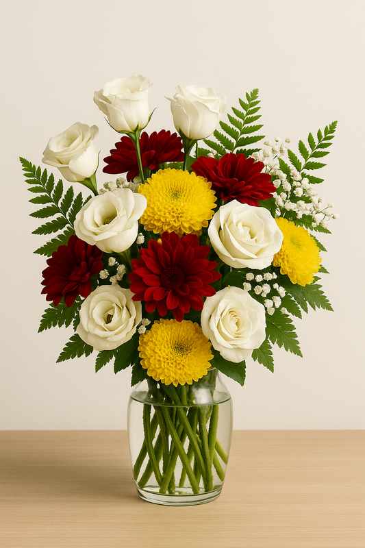 White Rose, Red Daisy & Yellow Chrysanthemum Bouquet
