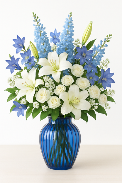 White Lily & Blue Mixed Flower Bouquet
