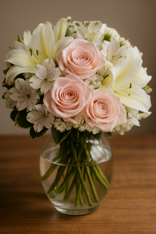 Beautiful Pink Roses, White Daisies & Lilies Flower Bouquet