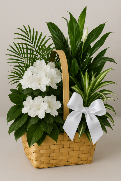 Elegant White Flower and Green Plant Basket