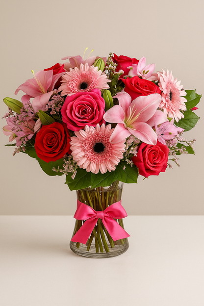 Pink and Red Flower Bouquet in Glass Vase Free Shipping & Same-Day Delivery