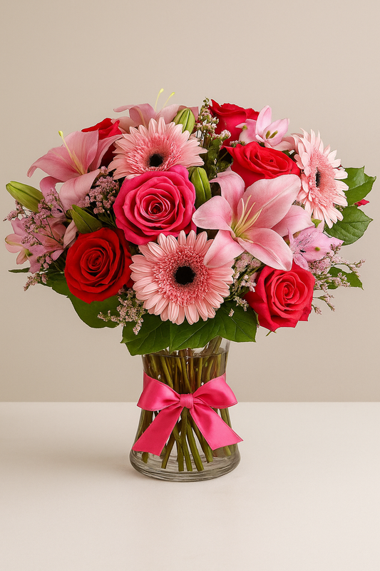 Pink and Red Flower Bouquet in Glass Vase Free Shipping & Same-Day Delivery
