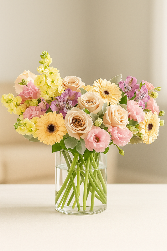 Soft Pastel Flower Bouquet in Glass Vase Free Shipping & Same Day Delivery