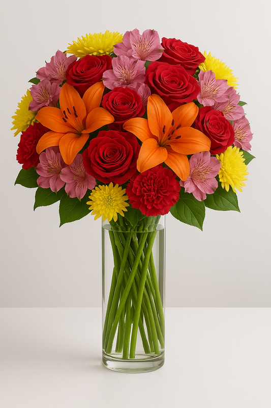 Vibrant Mixed Flower Bouquet with Roses, Carnations & Lilies