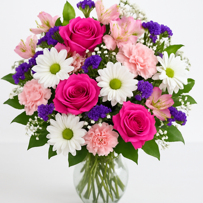 Pink Rose, White Daisy & Carnation Flower Bouquet
