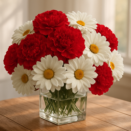 Red Carnation & White Daisy Flower Bouquet