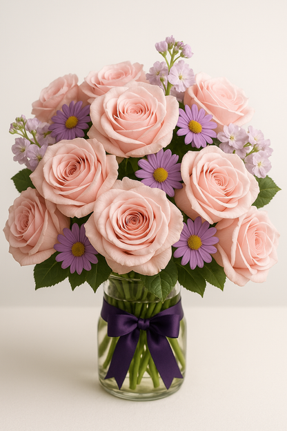 Beautiful Pink Roses & Purple Daisies with touch of Lavender