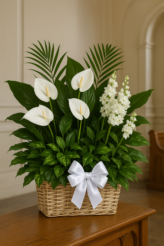 Peaceful White Anthurium Basket