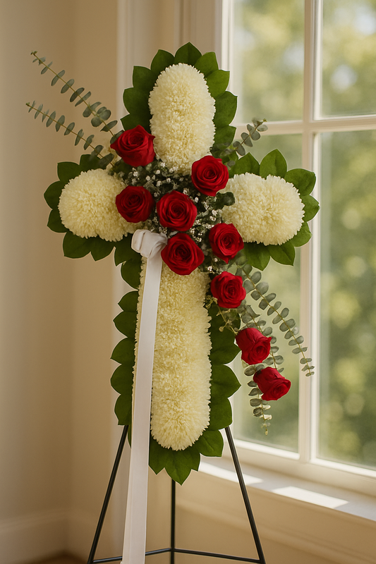 Red Rose & White Cross Standing Tribute