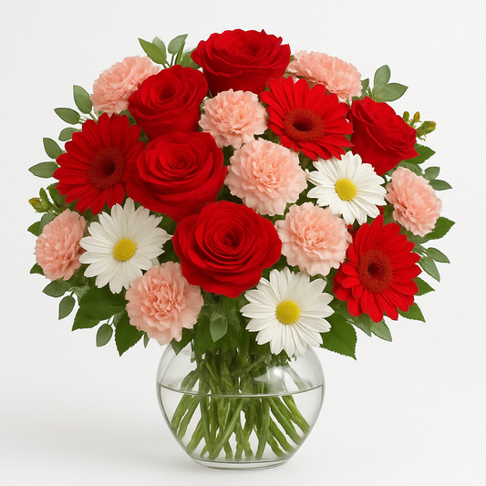 Red Rose, Carnations & White Daisies Mixed Flower Bouquet