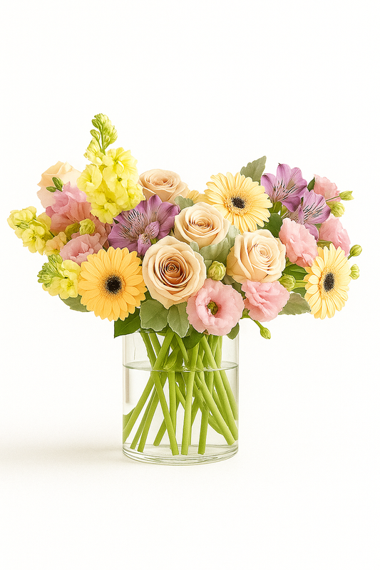 Soft Pastel Flower Bouquet in Glass Vase Free Shipping & Same Day Delivery