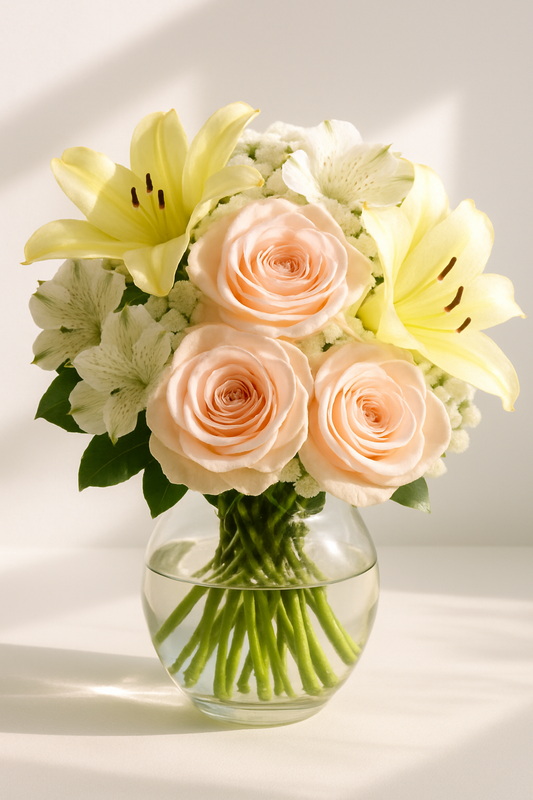 Beautiful Pink Roses, White Daisies & Lilies Flower Bouquet