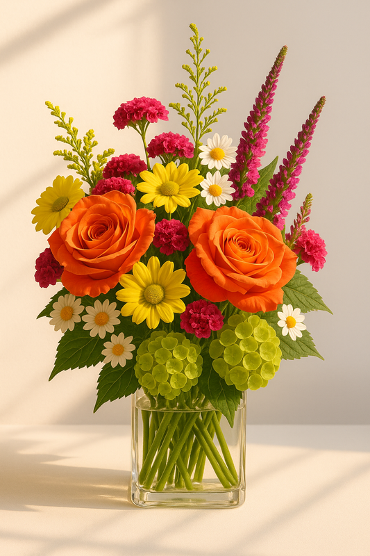 Bright Mixed Flower Bouquet with Orange Roses