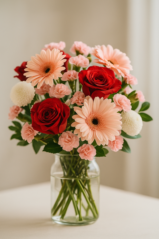 Blush Gerbera and Red Rose Bouquet