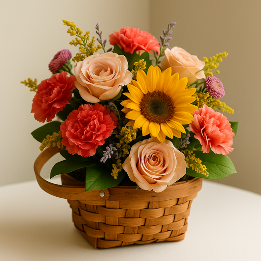 Sunny Sunflower & Peach Rose Basket