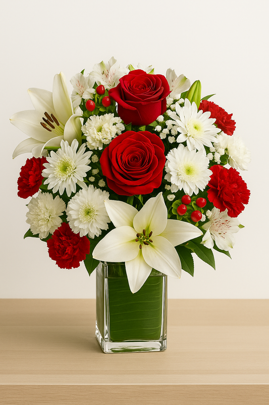 Red Rose & White Lily Flower Bouquet